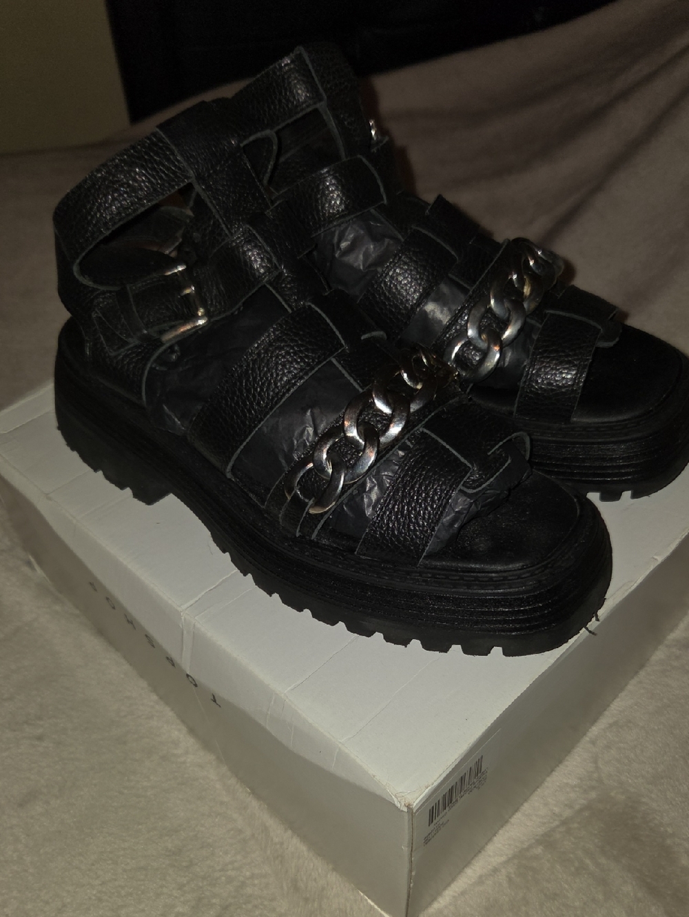 Topshop Black Pioneer Chain Chunky Sandal, Leather, Sz 11